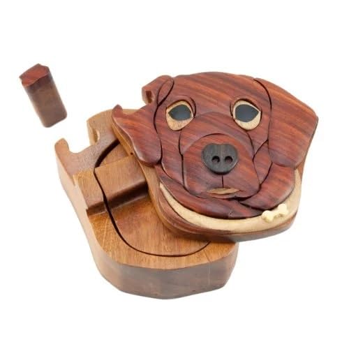 Dog - Natural Wood Intarsia Puzzle Box - Handcrafted with Secret Compartment