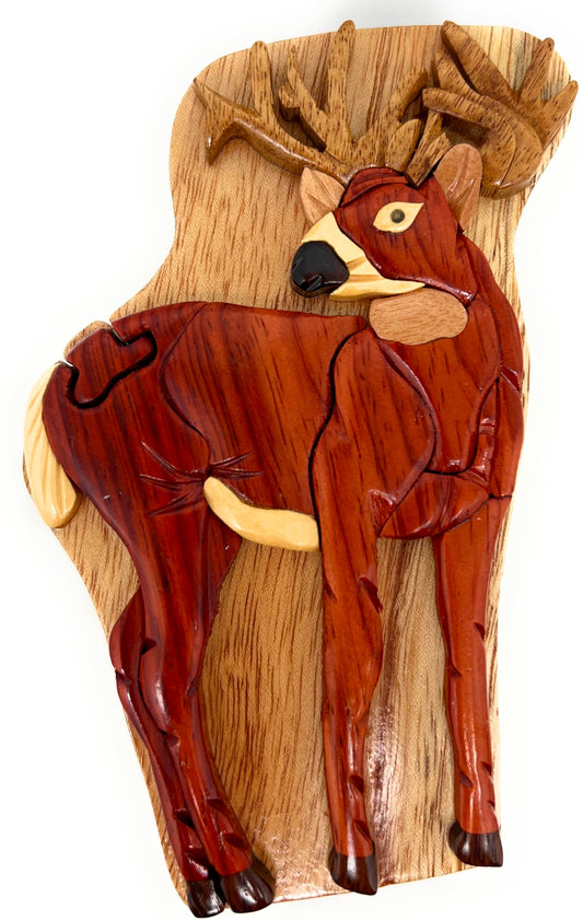 Standing Deer, Handmade Wooden Puzzle Box with Secret Compartment, All-Natural Intarsia Wood Art