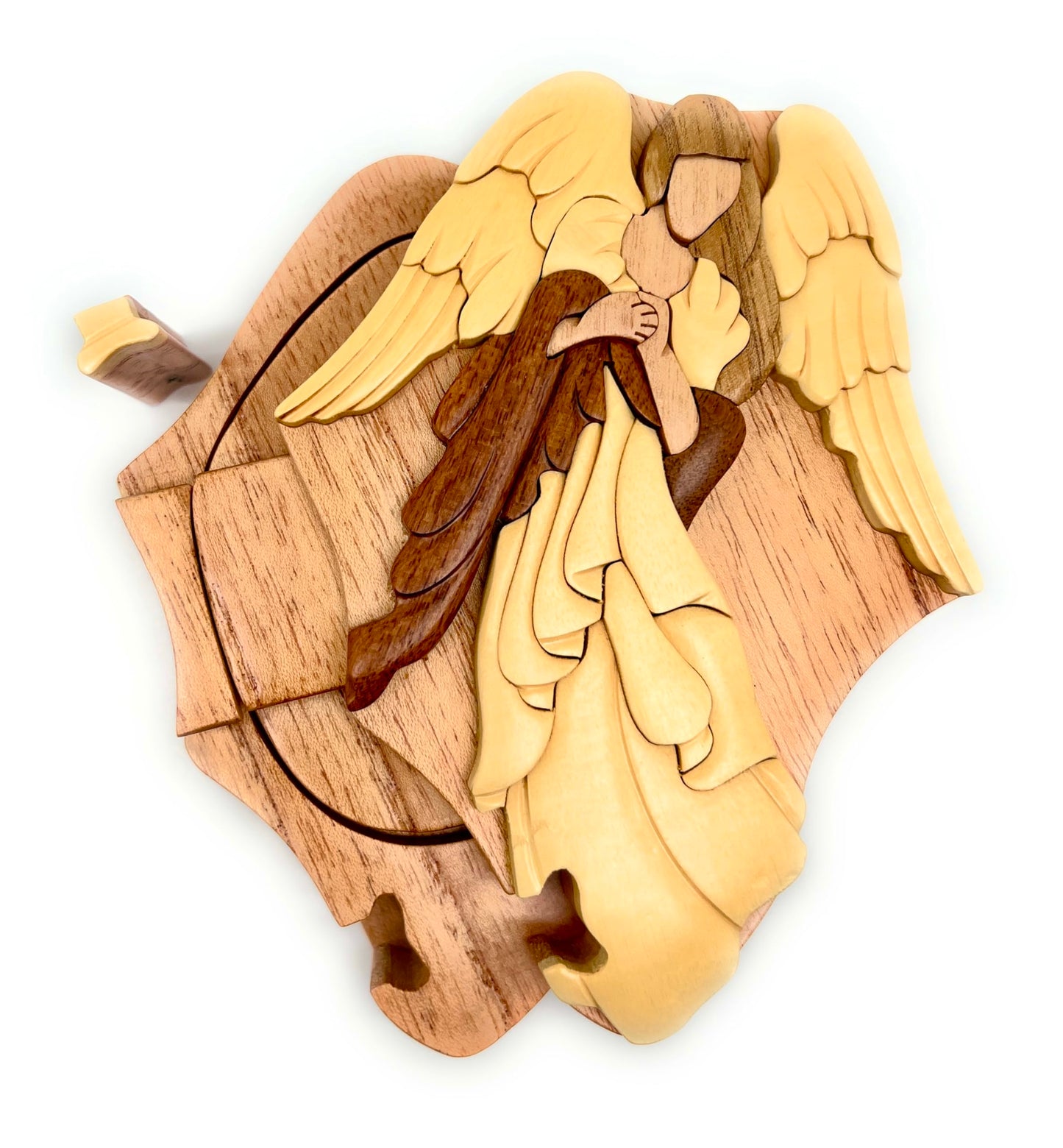 Angel, Handcrafted Wooden Puzzle Box, All Natural Intarsia Wood Art, Secret Compartment with Key