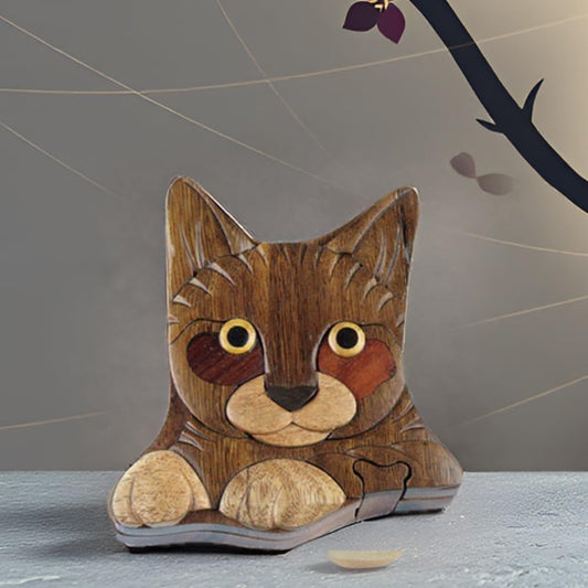 Hand Carved in Vietnam Wooden CAT Puzzle Box- Intarsia Wood Art