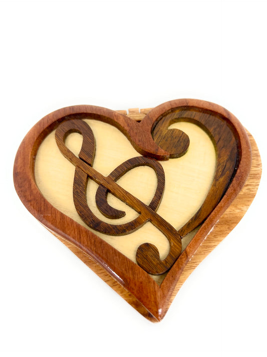 Melodic Heart, Intarsia Wood Puzzle Box with Secret Compartment, Handcrafted from All-Natural Exotic Wood