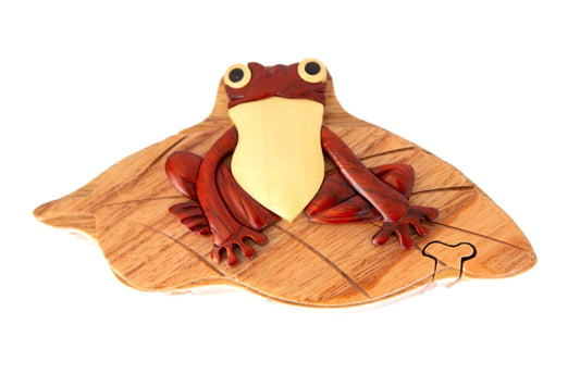 Frog on Lily pad - All Natural Wood Intarsia Puzzle Box - Handcrafted with Secret Compartment