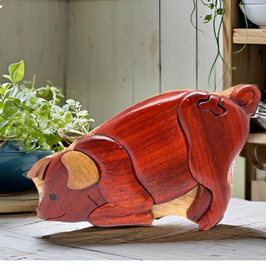 Kneeling Pig Wooden Puzzle Box – Handcrafted Wood Art with Secret Compartment