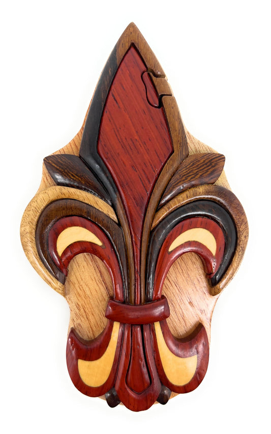 Fleur-de-Lis, All Natural Intarsia Wood Art, Handcrafted with Secret Compartment