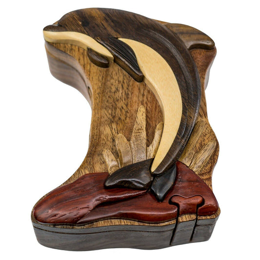 Leaping Dolphin - Wood Intarsia Puzzle Box - Handcrafted with Secret Compartment