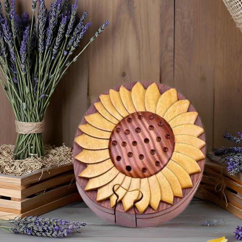 Sunflower Wooden Puzzle Box – Handcrafted Intarsia Art & Secret Trinket or Jewelry Storage
