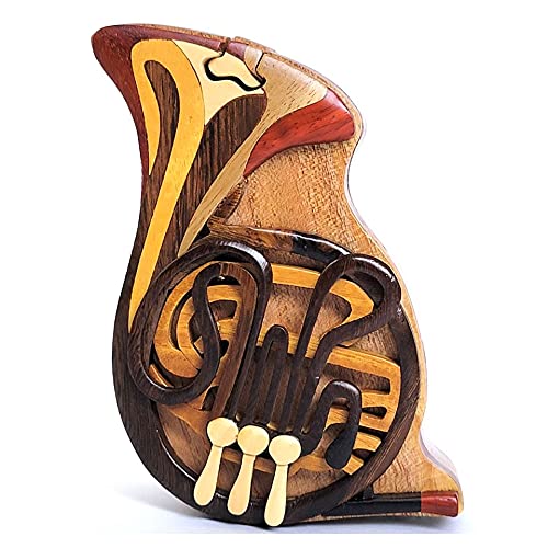 French Horn - Handcrafted Wooden Puzzle Box with Secret Compartment - All-Natural Intarsia Wood Art