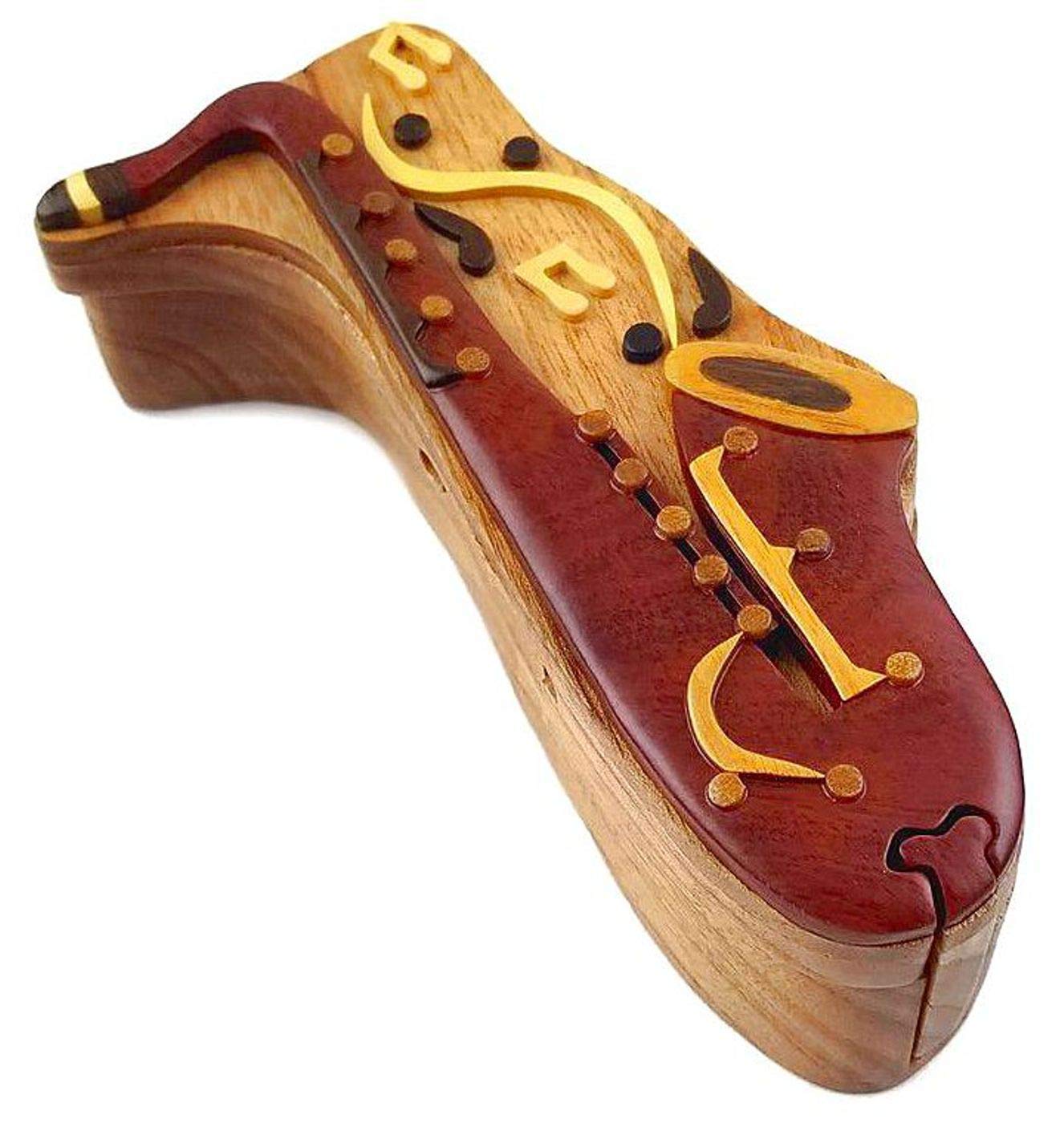 Saxophone, All Natural Exotic Woods Puzzle Box, Handmade Intarsia Wood Art
