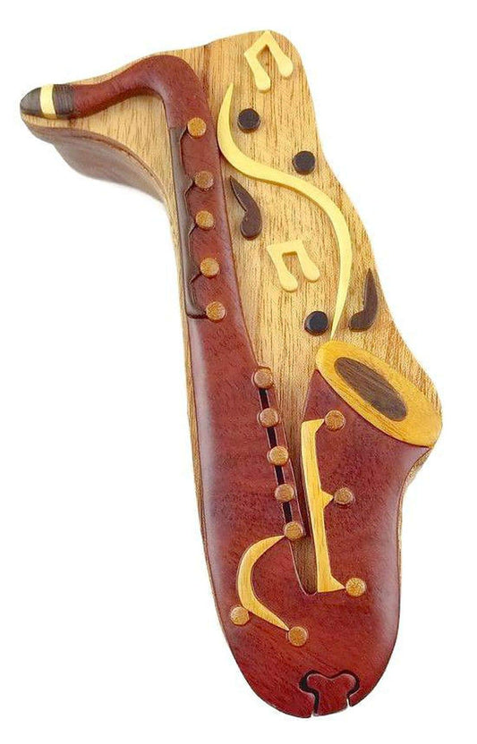 Saxophone, All Natural Exotic Woods Puzzle Box, Handmade Intarsia Wood Art