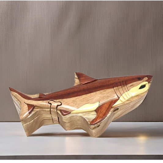 Handcrafted Wooden Shark Puzzle Box – Intarsia Wood Art with Secret Compartment