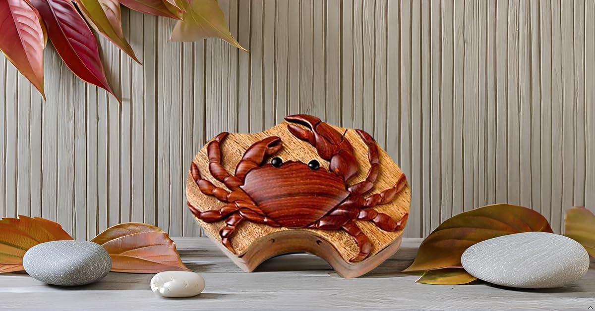 Crab Handcrafted Wooden Puzzle Box - Intarsia Art Secret Compartment Trinket Box