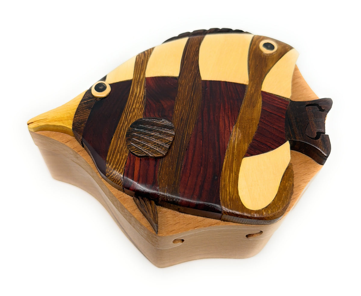 Angel Fish Puzzle Box, Handcarved Intarsia Wood Box - Secret Compartment Keepsake -Unique Gift & Storage