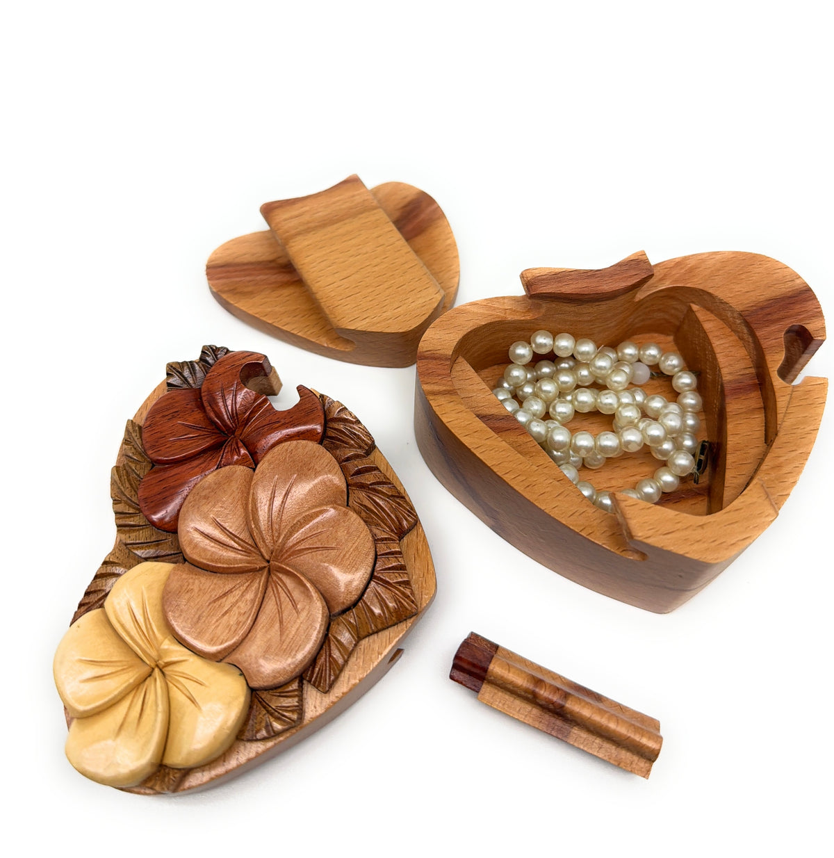 Blooming Heart, Handcrafted Wooden Puzzle Box, Secret Compartment Intarsia Wood Art