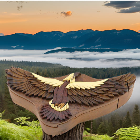 Hawk Secret Puzzle Box, Handcrafted Intarsia Wood Art Keepsake