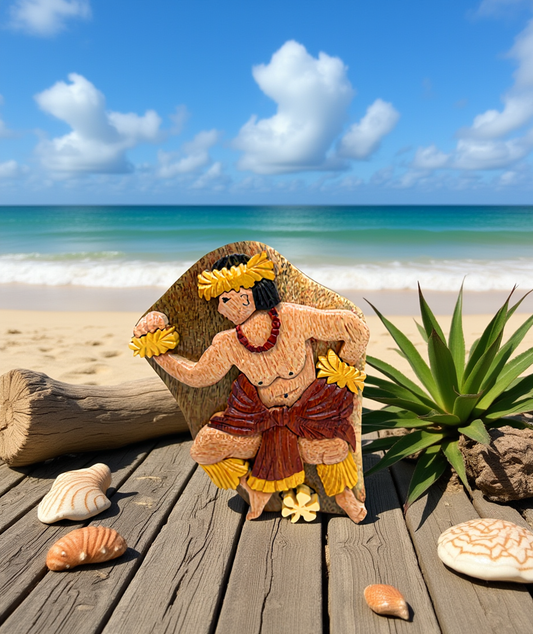 Handcrafted Wooden Puzzle Box – Hawaiian Hula Dancer Design, Secret Compartment Keepsake, Tropical Gift Décor