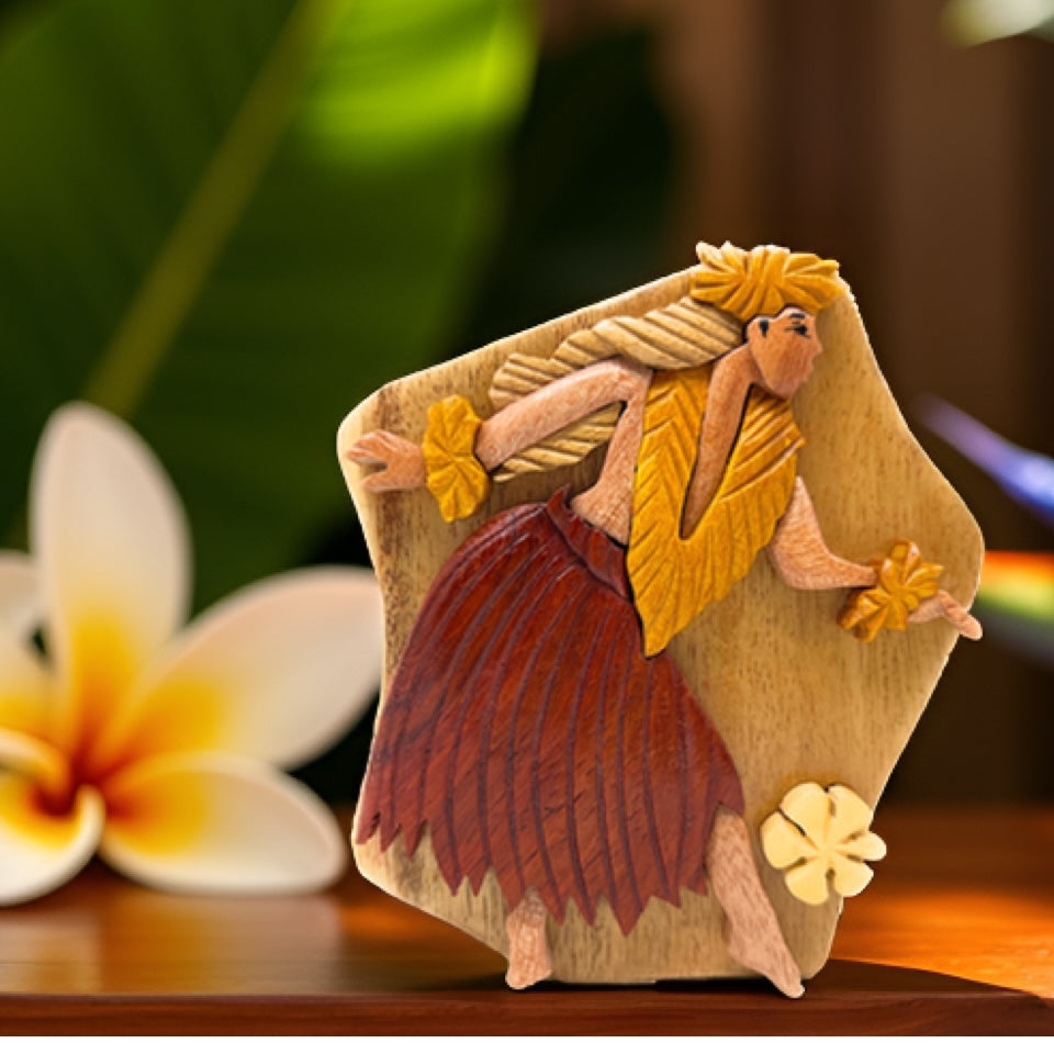 Hula Dancer Wooden Puzzle Box - Hand‑Carved Secret Compartment Keepsake – Unique Gift, Storage, Home Decor