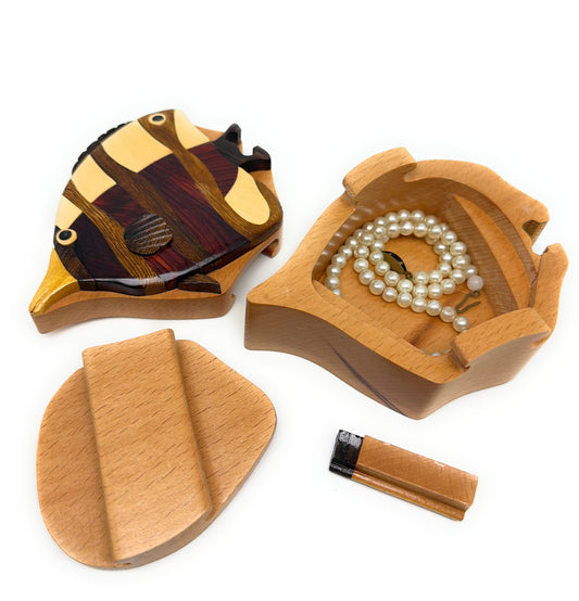 Angel Fish Puzzle Box, Handcarved Intarsia Wood Box - Secret Compartment Keepsake -Unique Gift & Storage
