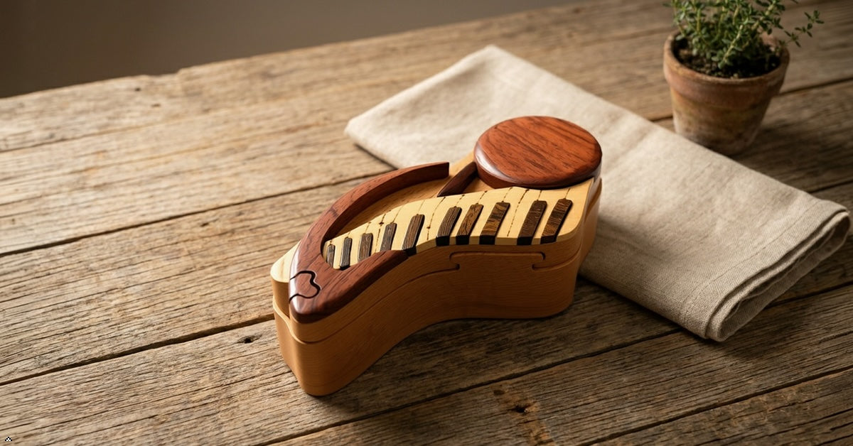 Musical Keyboard Intarsia Puzzle Box — Handcrafted Natural Wood Keepsake with Secret Compartment
