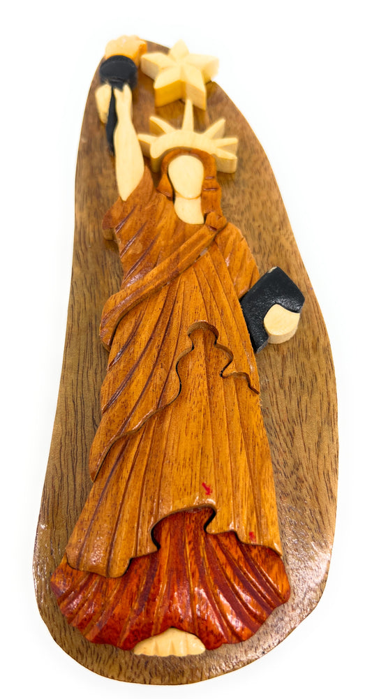 Statue of Liberty Puzzle Box‚ Handcarved Intarsia Wood Art with Secret Compartment