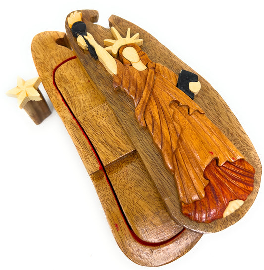Statue of Liberty Puzzle Box‚ Handcarved Intarsia Wood Art with Secret Compartment, Hand‑Carved Secret Compartment Keepsake – Unique Gift, Storage, Home Decor
