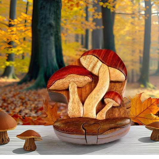 Handcrafted Wooden Mushroom Puzzle Box – Natural Intarsia Art Keepsake with Secret Compartment