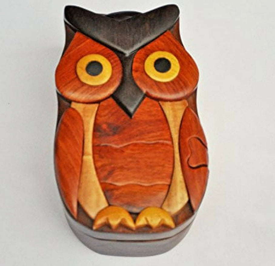 Owl Handcrafted Intarsia Wood Puzzle Box - Secret Compartment Keepsake