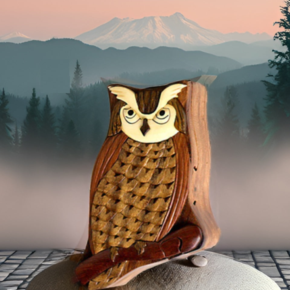 Owl, Handmade Wooden Puzzle Box with Secret Compartment, All Natural Intarsia Wood Art