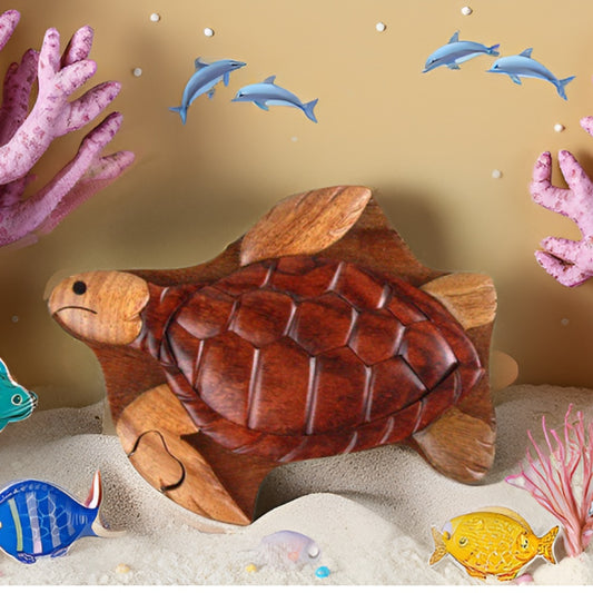 Sea Turtle Wooden Puzzle Box - Handcrafted Intarsia Trinket & Jewelry Holder Gift