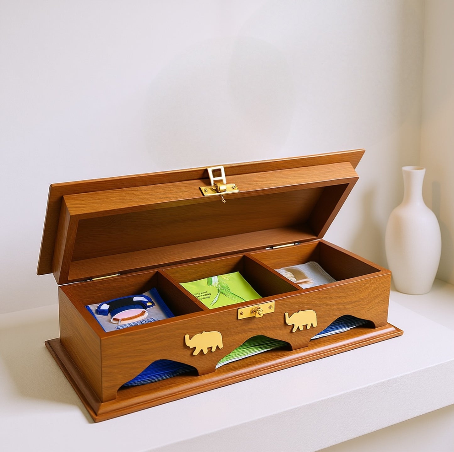 Handcrafted Rosewood Tea Storage Box with Brass Inlay, 3 Compartments