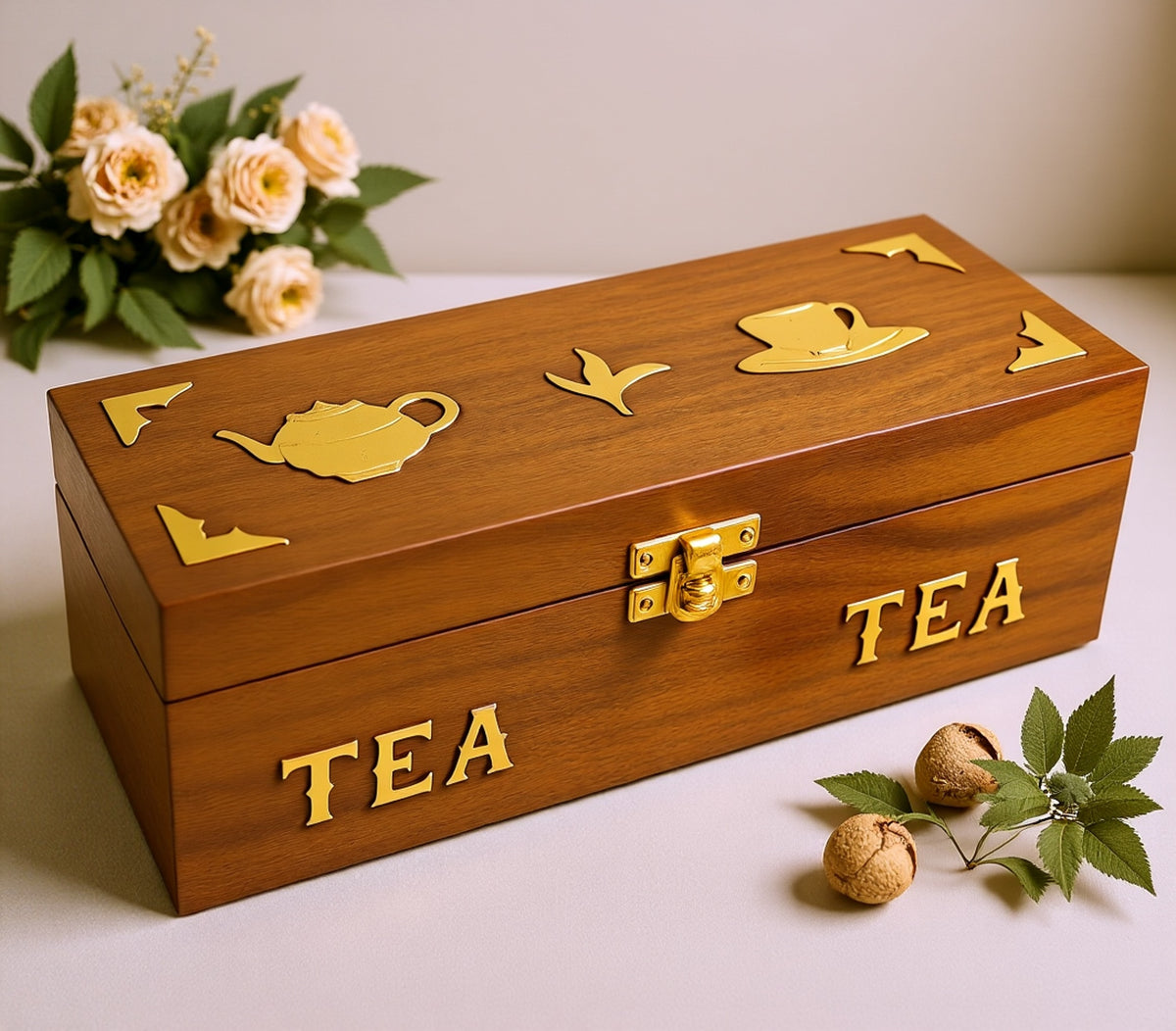 Handcrafted Rosewood Tea Storage Box, 3 Compartments