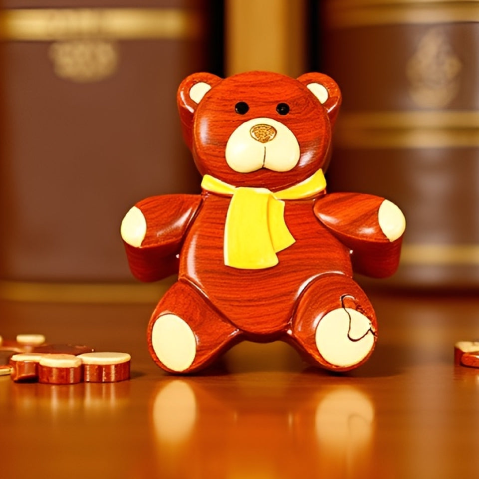 Teddy Bear, Handcrafted Secret Wood Puzzle Box, All Natural Intarsia Wood Art