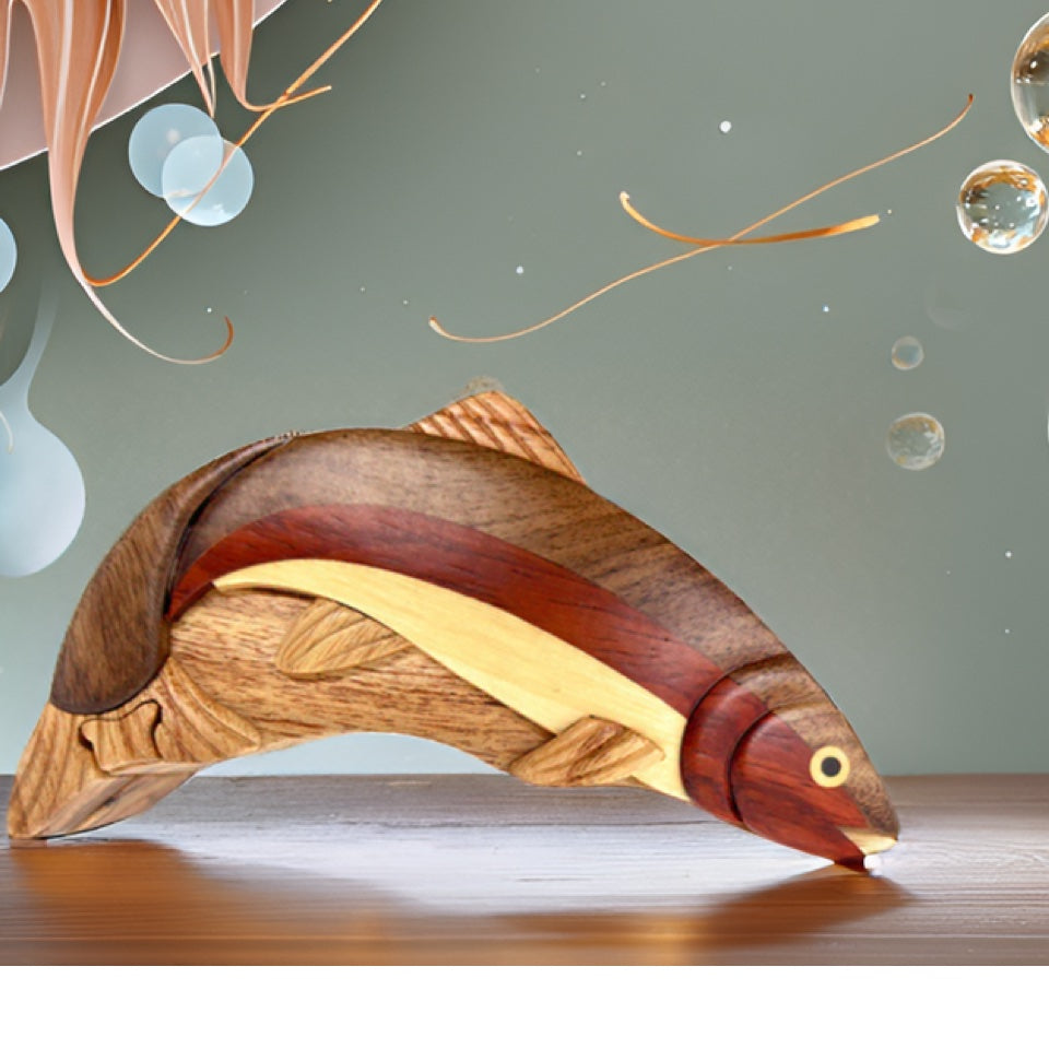 Handcrafted Rainbow Trout Wood Puzzle Box, All-Natural Wood Intarsia Art with Secret Compartment