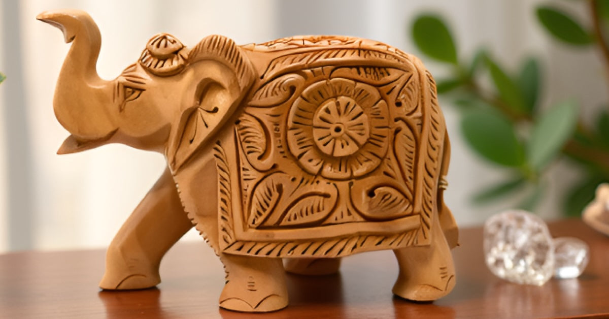 Hand‑Carved Cedar Wood Elephant Figurine – Traditional Indian Art Décor with Floral Detailing