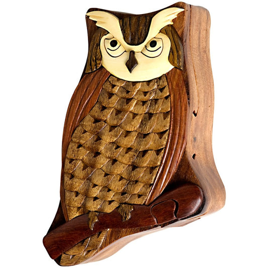 Owl, Handmade Wooden Puzzle Box with Secret Compartment, All Natural Intarsia Wood Art