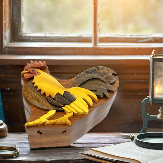 Rooster Wooden Puzzle Box – Handcrafted Intarsia Art with Secret Compartment