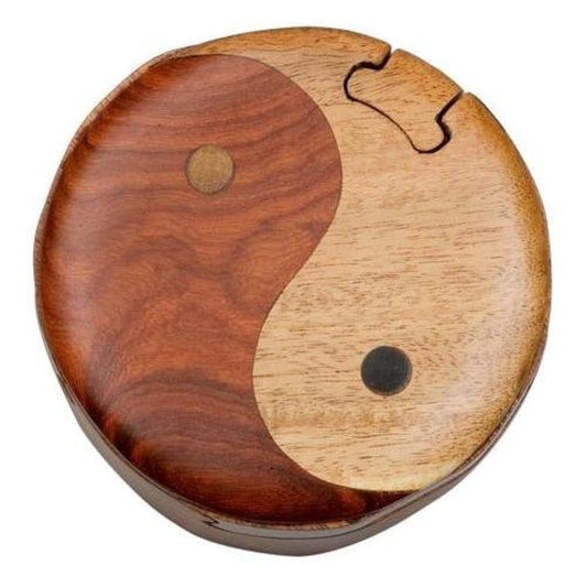 Yin & Yang - Handcrafted Wooden Puzzle Box with Secret Compartment - All Natural Intarsia Wood Art