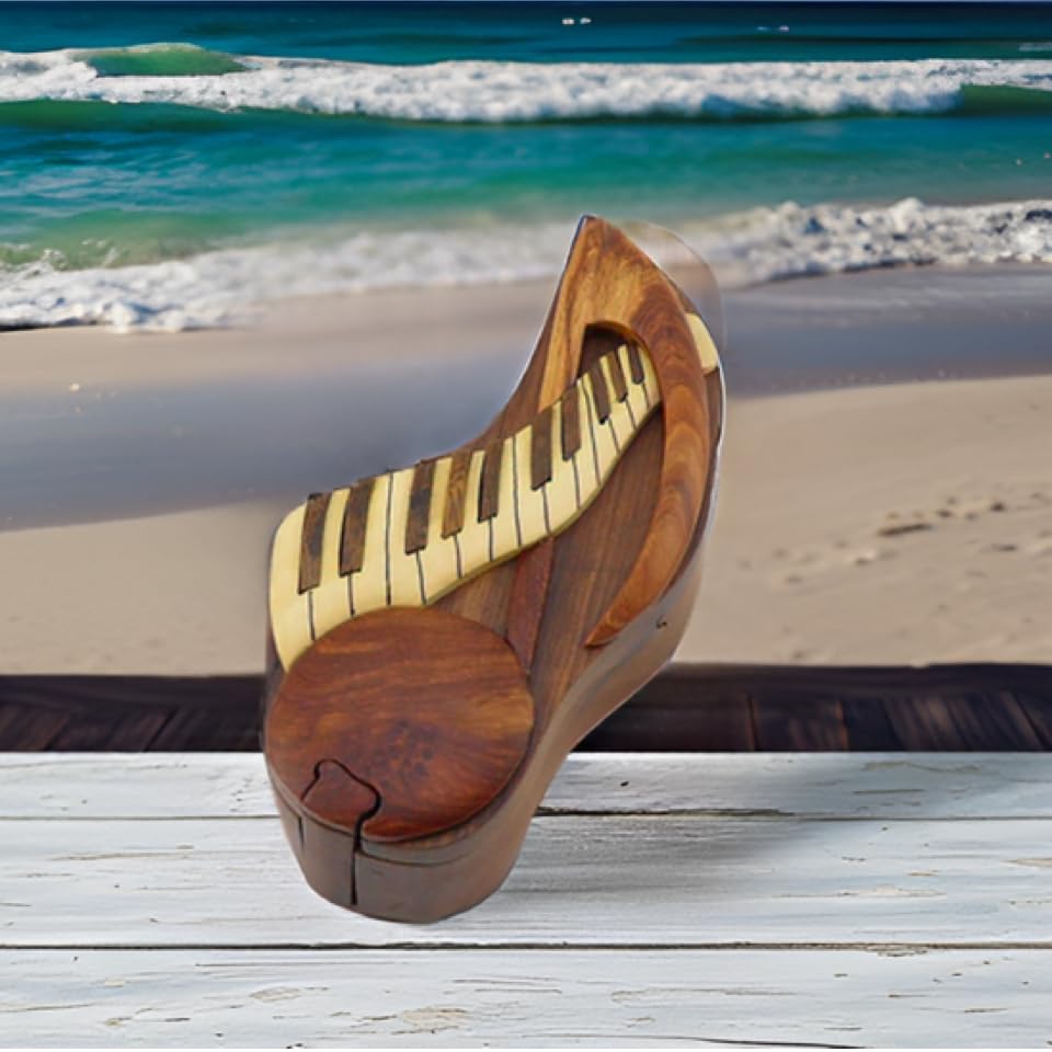 Keyboard & Music Note - All Natural Wood Intarsia Puzzle Box - Handcrafted with Secret Compartment