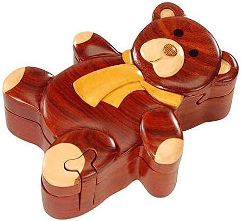 Teddy Bear, Handcrafted Secret Wood Puzzle Box, All Natural Intarsia Wood Art