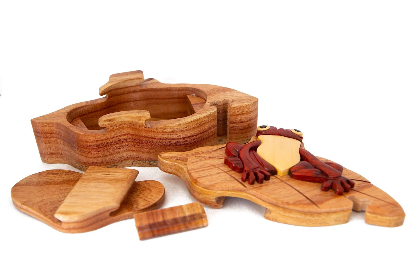Frog on Lily pad - All Natural Wood Intarsia Puzzle Box - Handcrafted with Secret Compartment