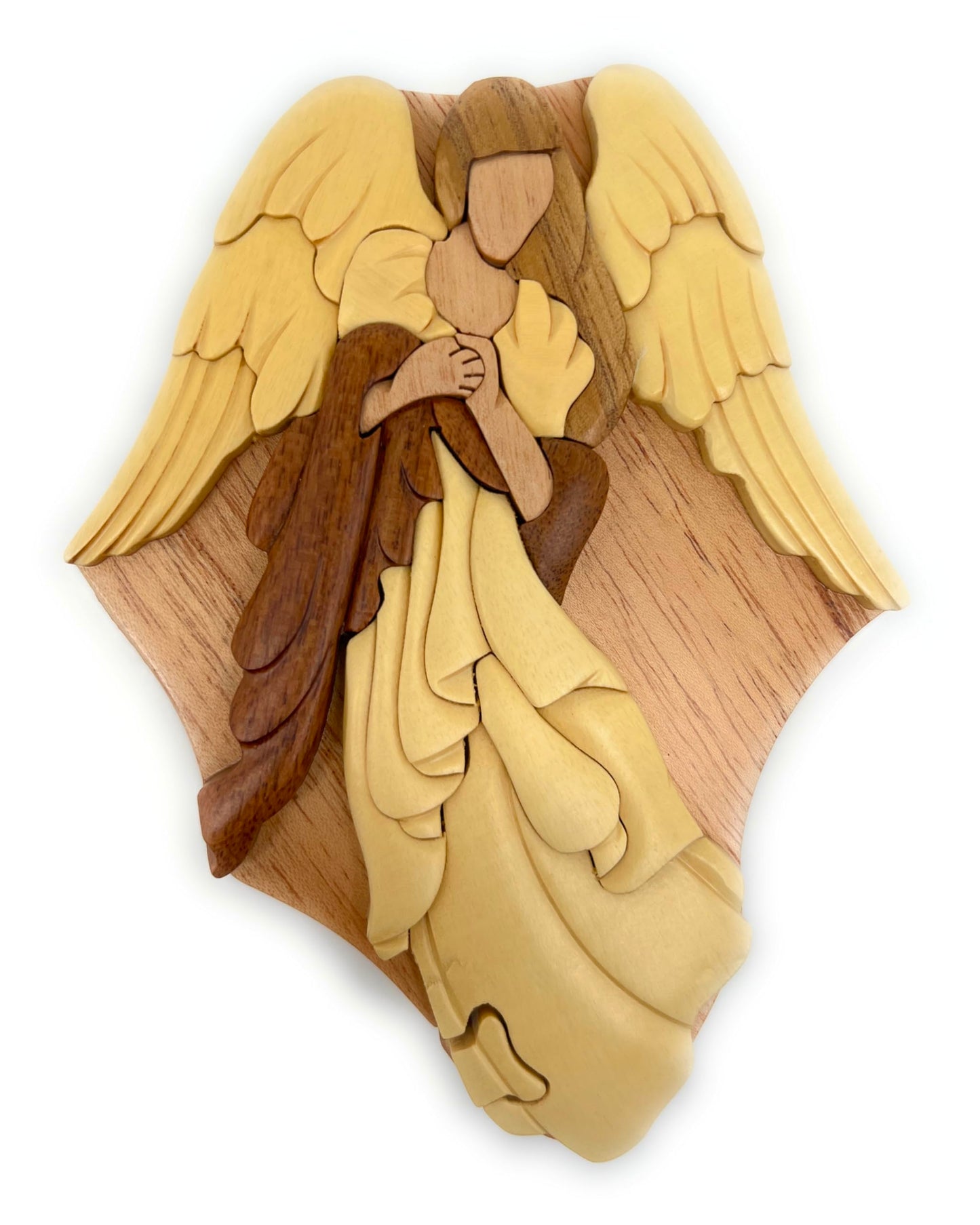 Angel, Handcrafted Wooden Puzzle Box, All Natural Intarsia Wood Art, Secret Compartment with Key