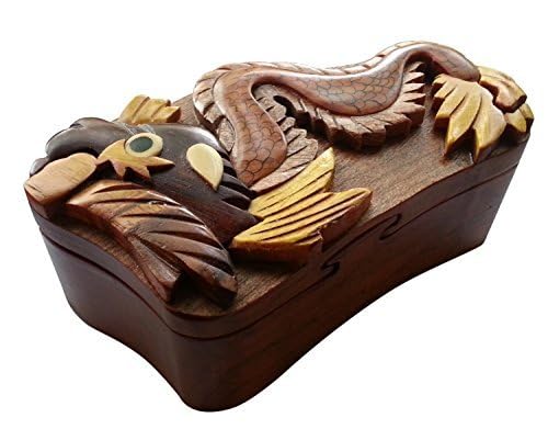South Asia Trading Handmade Wooden Wood Intarsia Puzzle Dragon Puzzle Box (3077) - Hide Gift Cash