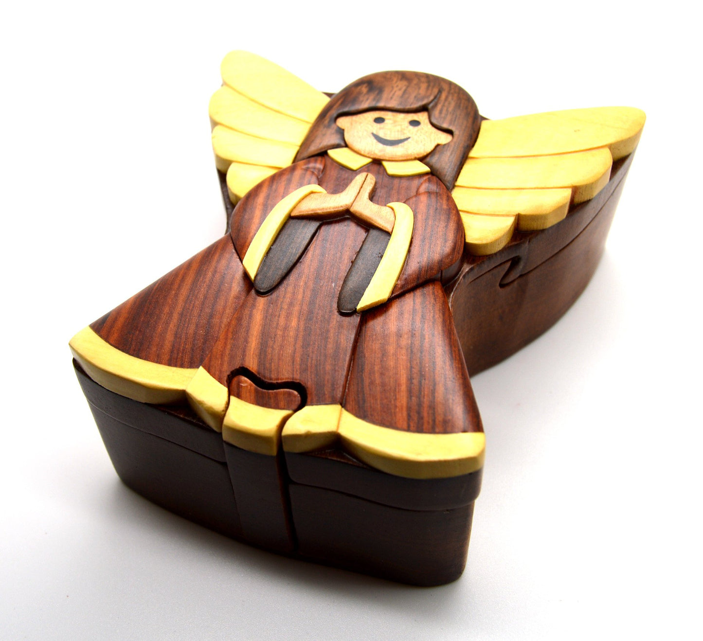 Angel Handmade Carved Wood Intarsia Puzzle Box