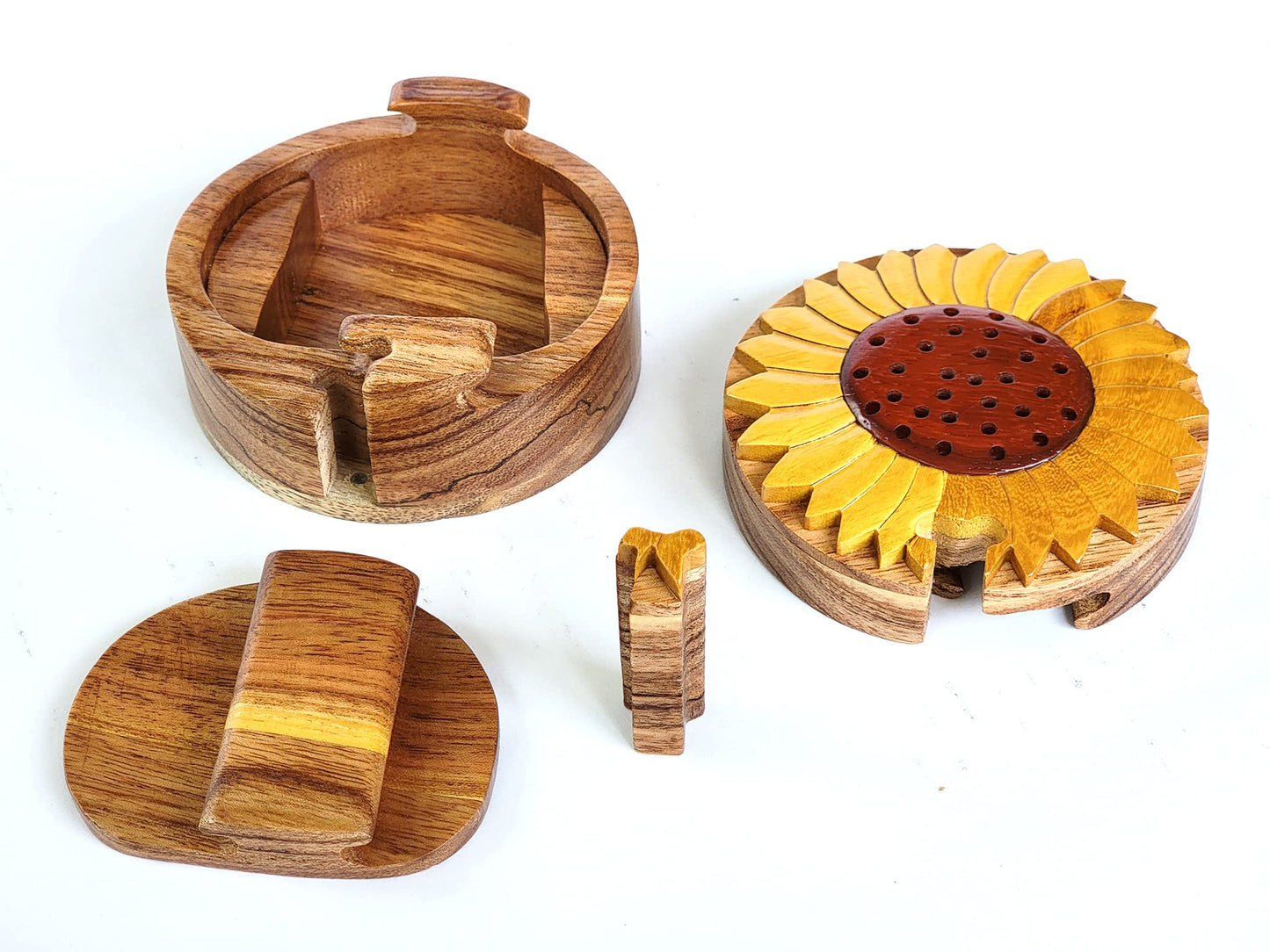 Sunflower - Natural Intarsia Wood Puzzle Box - Handcrafted with Secret Compartment