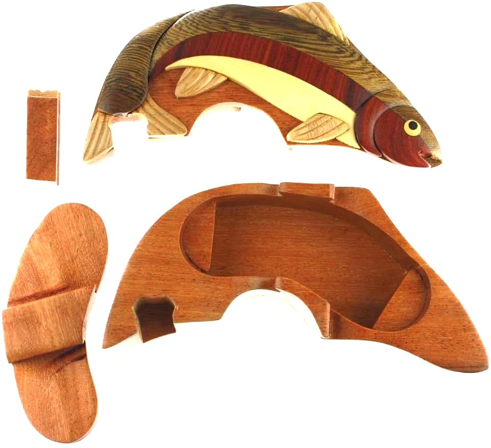 Handcrafted Rainbow Trout Wood Puzzle Box, All-Natural Wood Intarsia Art with Secret Compartment