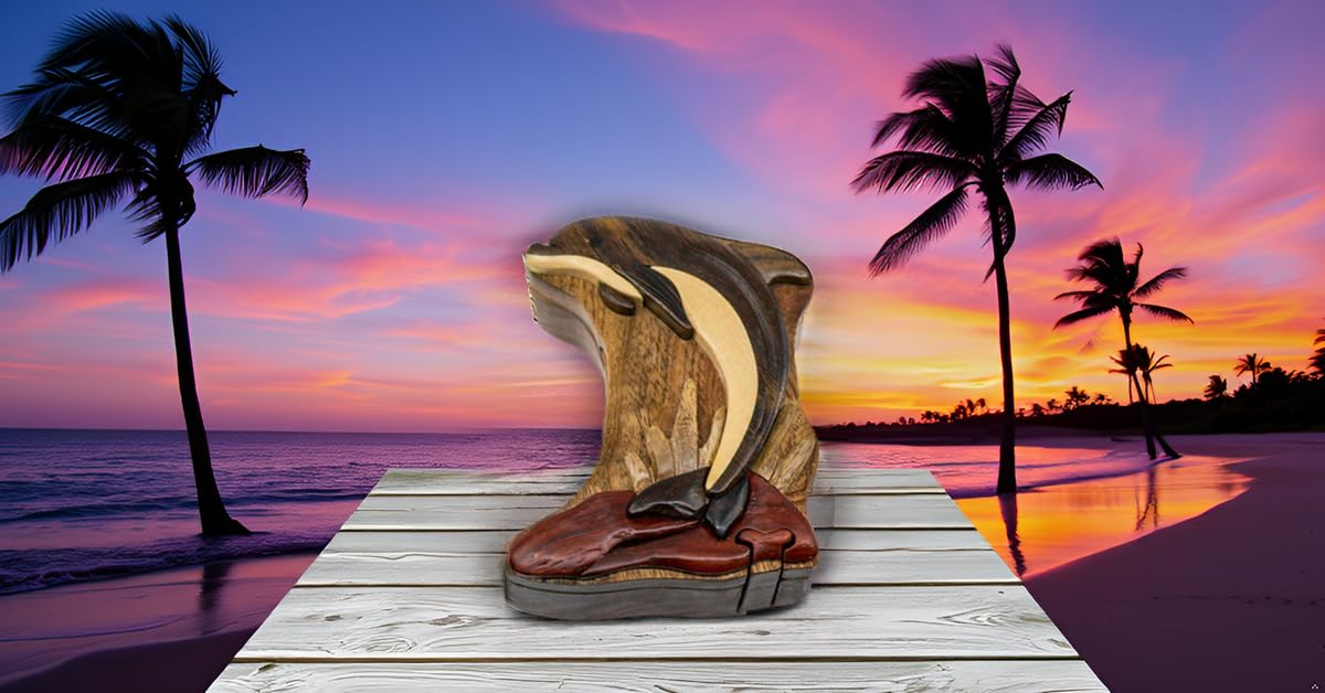 Leaping Dolphin - Wood Intarsia Puzzle Box - Handcrafted with Secret Compartment