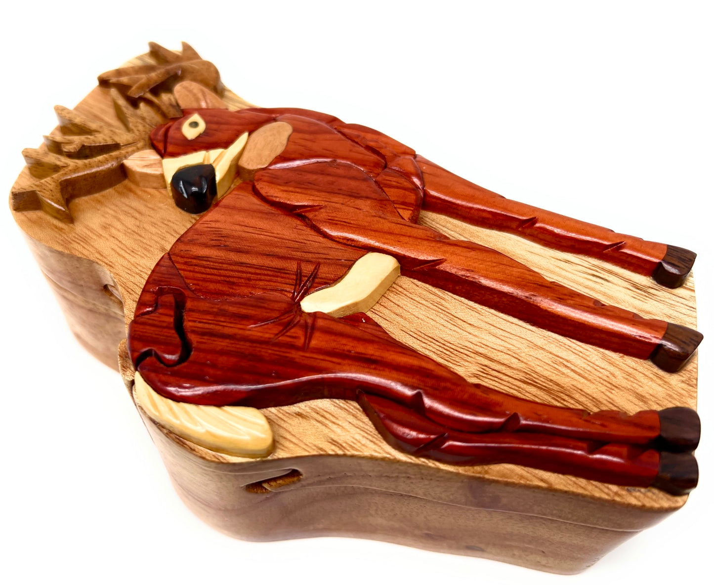 Standing Deer, Handmade Wooden Puzzle Box with Secret Compartment, All-Natural Intarsia Wood Art