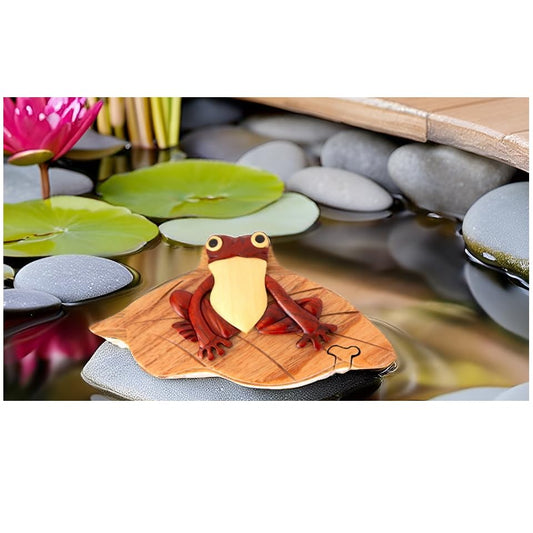 Frog on Lily pad - All Natural Wood Intarsia Puzzle Box - Handcrafted with Secret Compartment