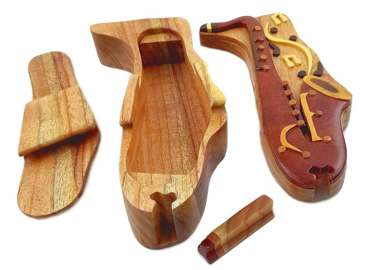 Saxophone, All Natural Exotic Woods Puzzle Box, Handmade Intarsia Wood Art