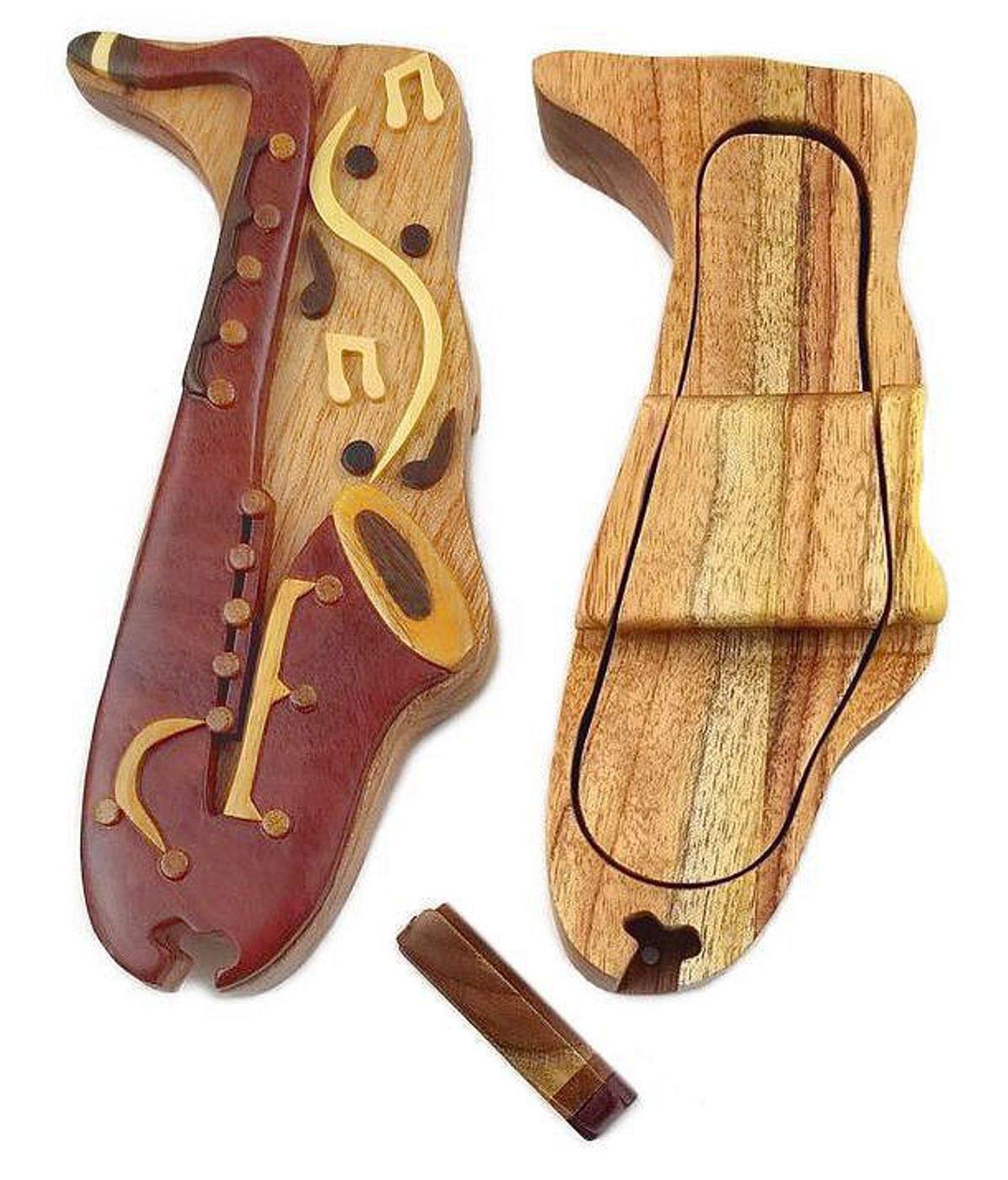 Saxophone, All Natural Exotic Woods Puzzle Box, Handmade Intarsia Wood Art