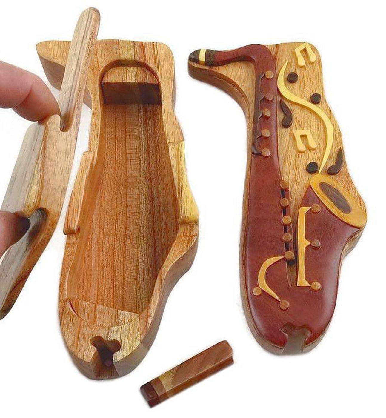 Saxophone, All Natural Exotic Woods Puzzle Box, Handmade Intarsia Wood Art